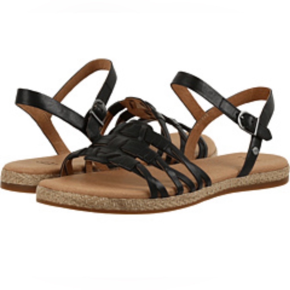UGG Larisa Sandals Women’s Size 6 Black Leather Strappy Comfort Flat - Picture 2 of 5